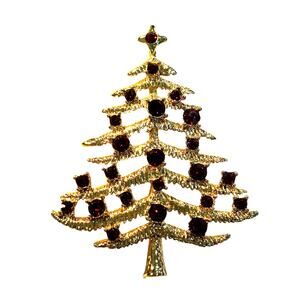 Vintage Christmas tree brooch textured goldtone & red rhinestones holiday pin